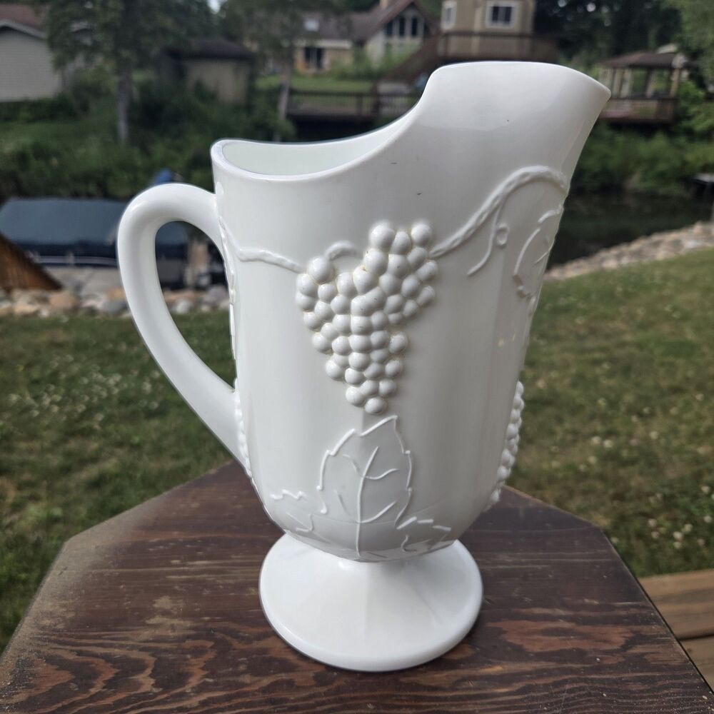 Vintage Indiana Milk Glass Colony Harvest Grape Pitcher 64oz Footed Ice Lip MCM